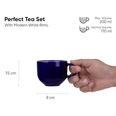 Ceramic Tea Cups Set Of 6 - Navy Blue Rim, 200ml Each | Tea Cup Set Of 6 - Premium Stoneware Tea Cup Set With Glossy Finish | Ceramic Tea Cup - Small Cups For Tea | Microwave Safe & Dishwasher Safe