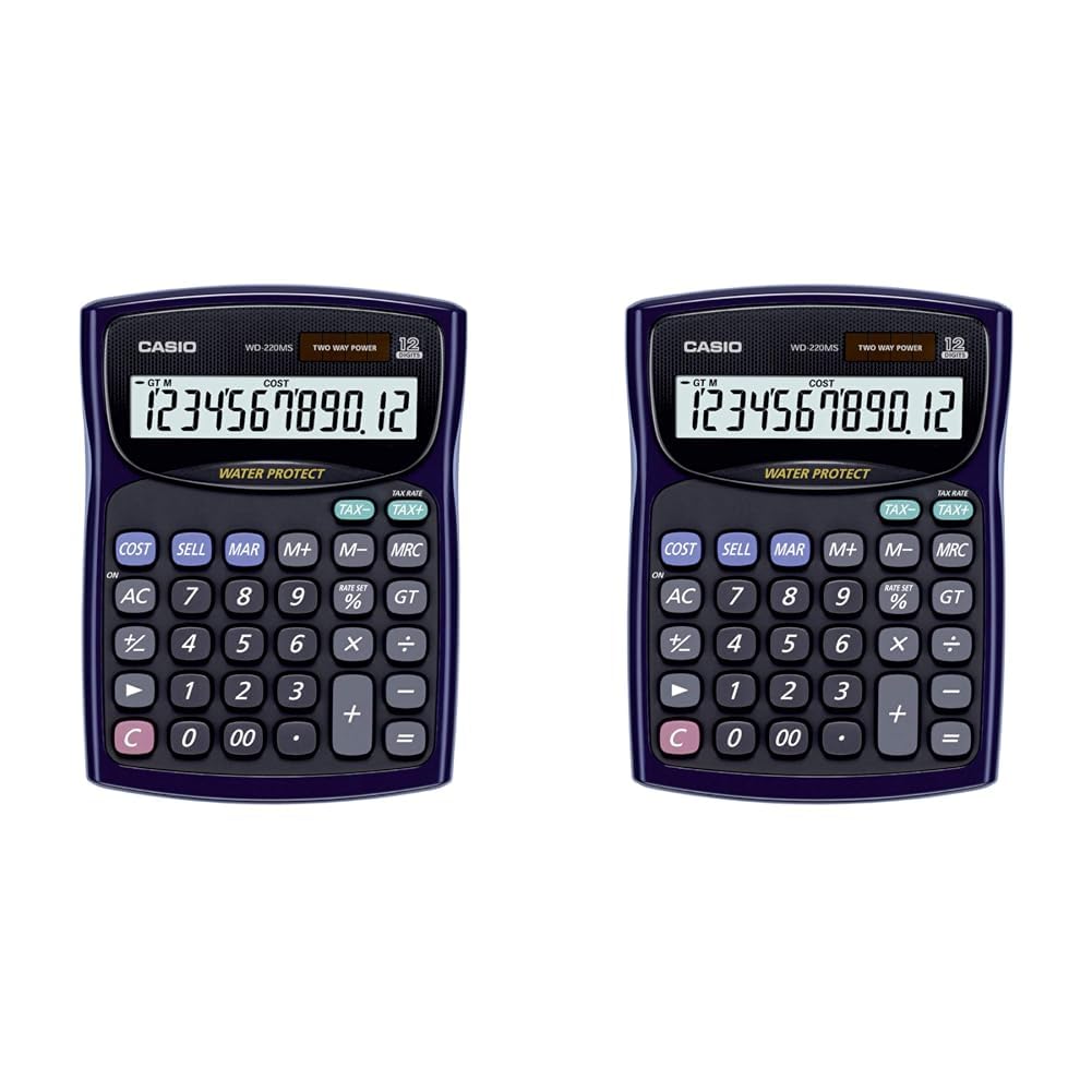 Casio WD-220MS-BU Desktop - Water Protected & Dust Proof Standard Calculator | 12 Digits, 2 Way Powered Solar + Battery Calculator