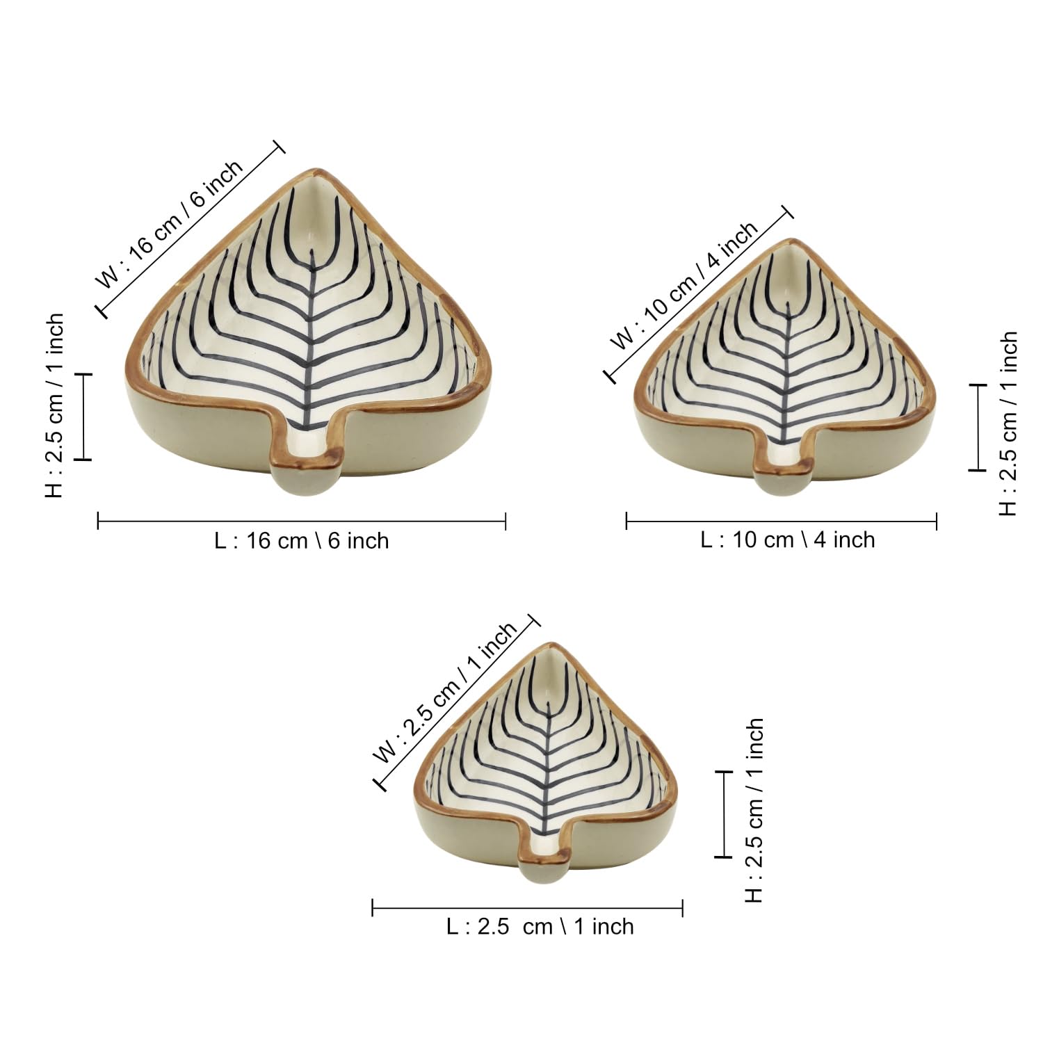 Leaf Shaped Hand Painted Ceramic Glossy Tray - Set Of 3, White, Black Lines | For Serving Cookies, Dry Fruits, Sweets & Snacks, Length – 16 Cm, 15 Cm & 12 Cm | Small Platter Set