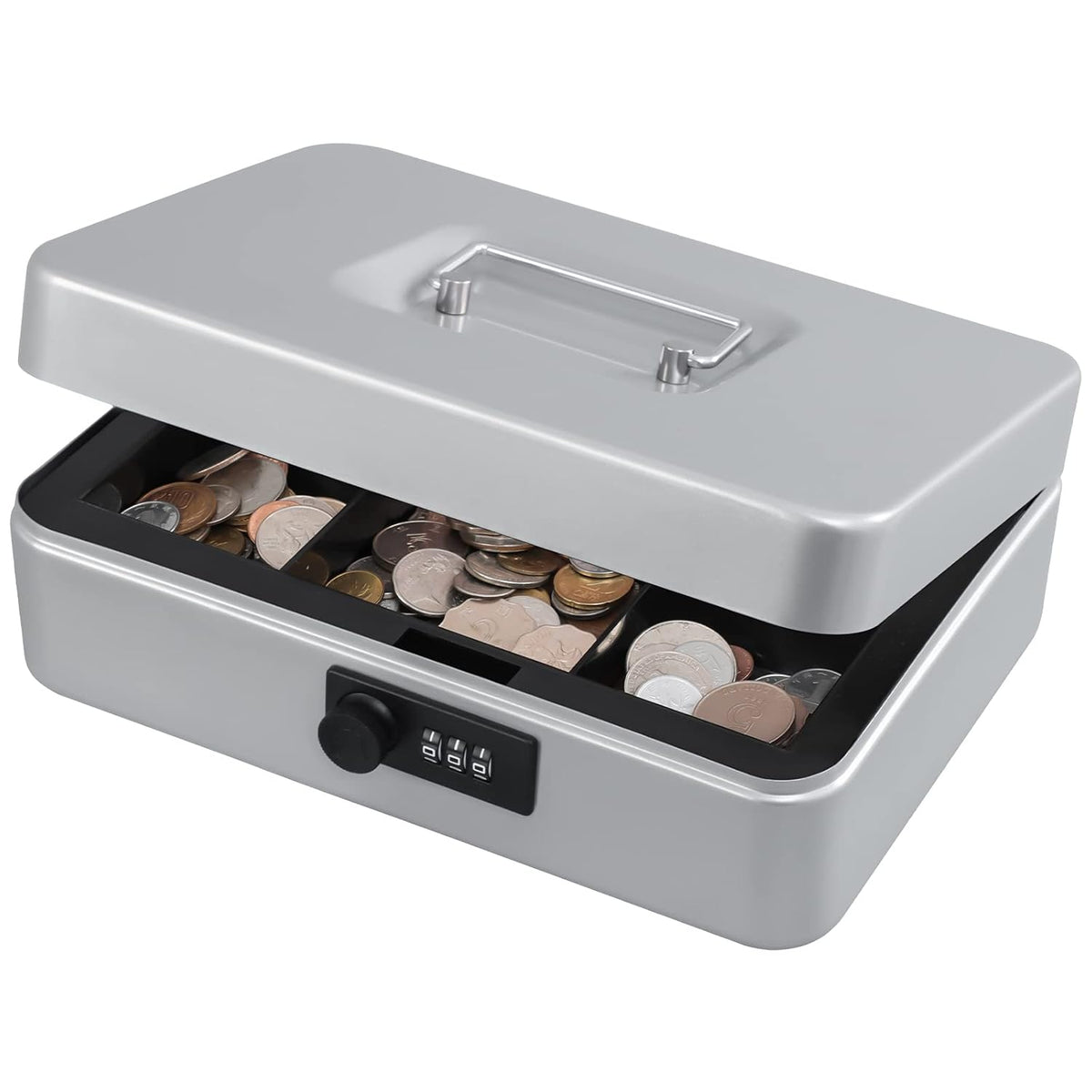 Medium Metal Cash Box With Combination Lock Safe & Money Tray For Security 7.87"X 6.30"X 3.54" Colour - Lightgrey