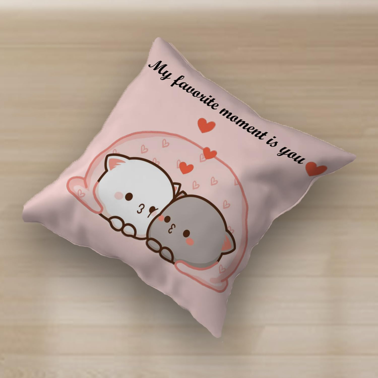 Peach & Goma Mochi Cat Pillow Cushion, Keychain & Card, Light Pink - 12 X 12 Inch | Gifts For Girlfriend, Wife, Husband, Boyfriend, Pillow For Couple | Peach Goma Pillow - Pack Of 1