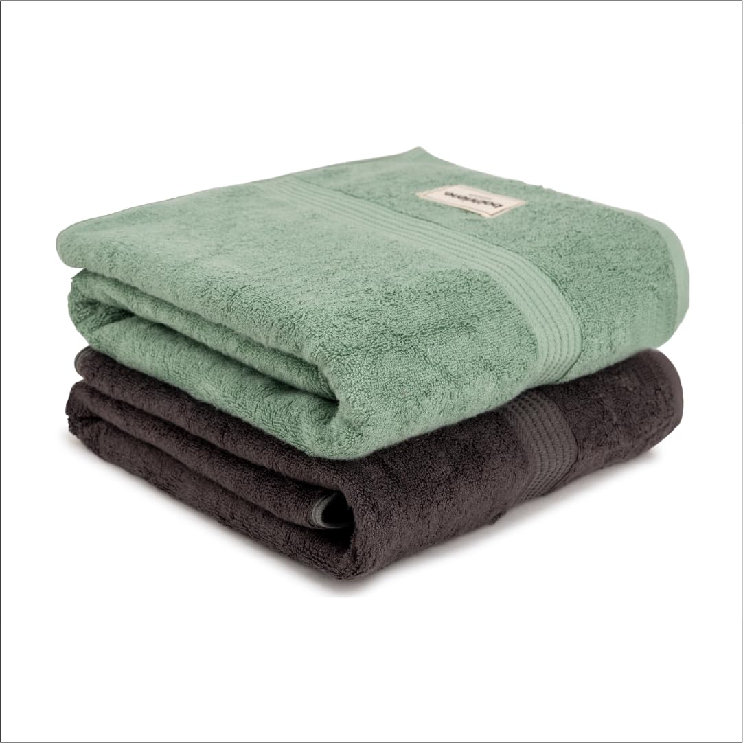 Bathriene 100% Bamboo Large Size Bath Towel 1200 Gsm | Luxury Bath Towel Highly Absorbent, Ultra Soft & Anti Microbial (Midnight Grey & Garden Green) - Pack Of 2