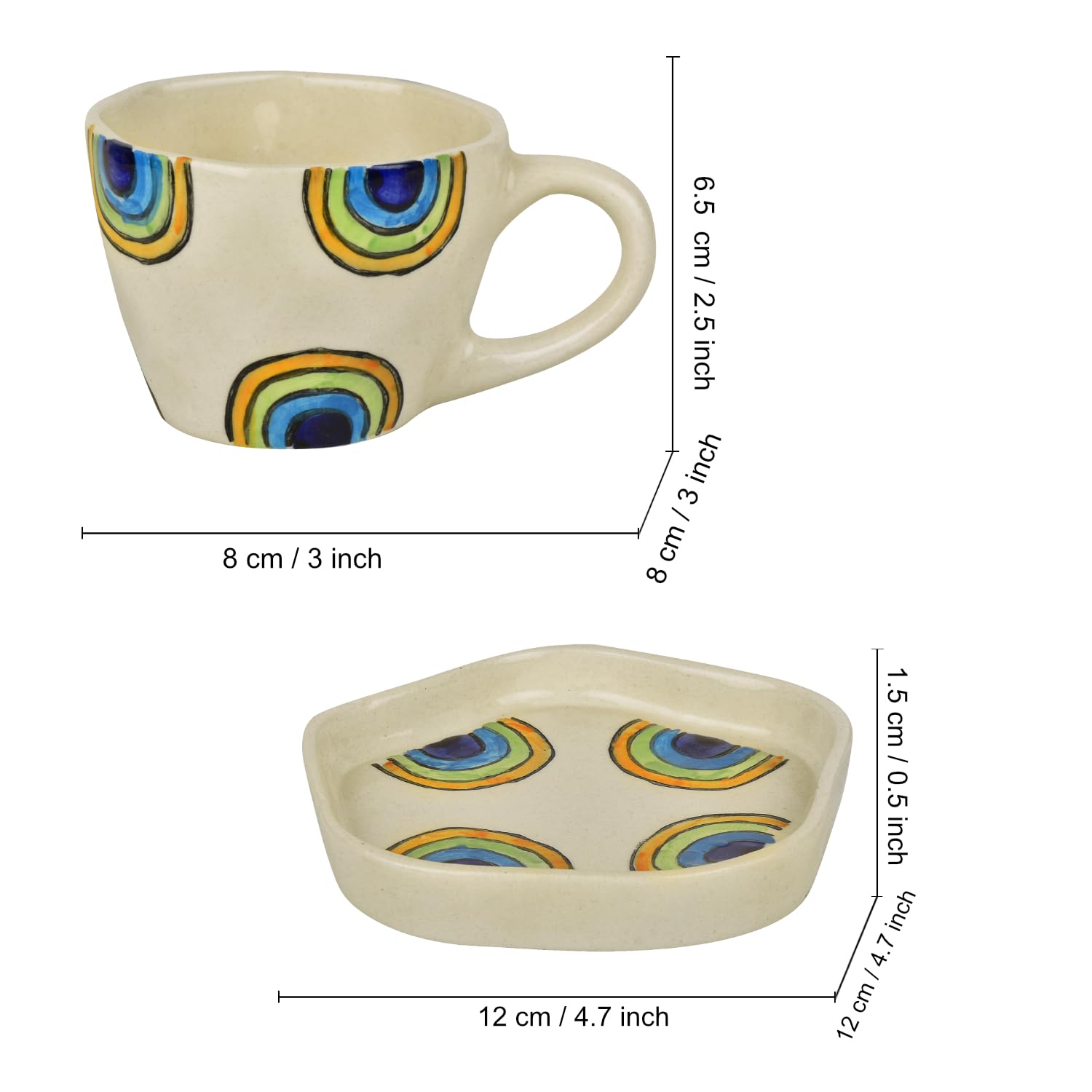 Hand Painted Ceramic Cup & Saucer Set Of 2 - Multicolor, 250ml Each | Microwave Safe Tea Cups & Mugs - Chai Cups