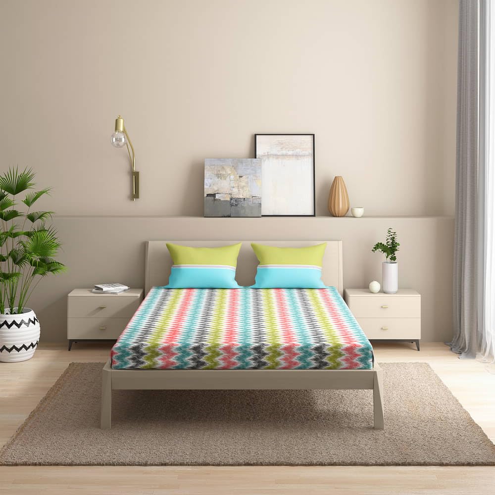 100% Cotton Double Bedsheet For Queen Size With 2 Pillow Covers 75 X 60 Inches, Multicolor | Durable & Long Lasting - All Around Elastic Fitted Sheet
