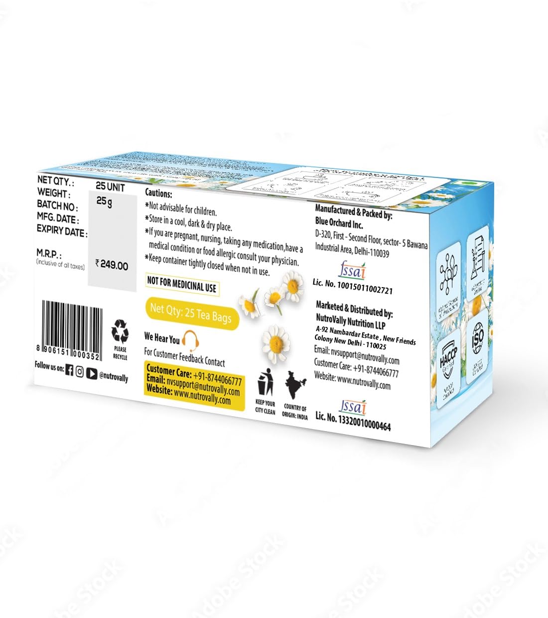 Nutrovally Chamomile Tea - 25 Tea Bags | Improve Sleep Cycle & Skin Health - Refreshing Pure Flowery Loose Leaves | Caffeine Free, Gluten Free, Sugar Free