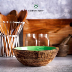 Brown Ceramic Glazed Mango Wood Bowl - 1.5 Liters | Mixing & Serving Bowl, Salad Bowl, Cereal Bowl, Fruits & Vegetables Bowl, Snacks Bowl, Breakfast Bowl