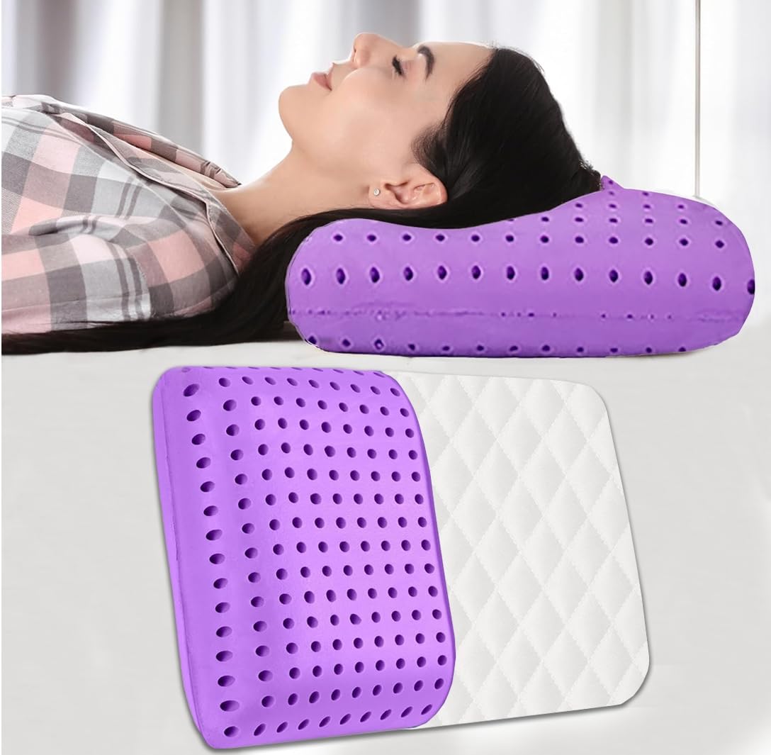 Premium Ventilated Memory Foam Cooling Pillow With Neck, Model - Lavender | For Head, Shoulder & Back Support - Relaxing For Side, Back, Stomach Sleepers, Bed Pillow - Pack Of 2