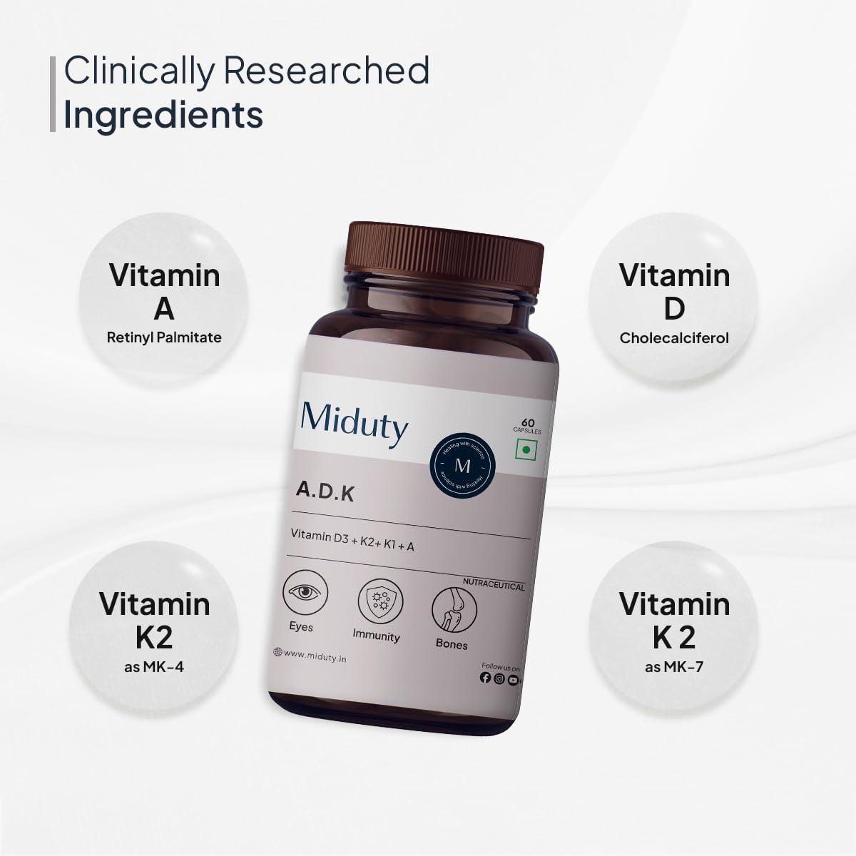 Miduty Vitamin Adk Multivitamin Contains Vitamin A - D3 - K2 Immunity Booster, Bone Strength, Healthy Heart , Supplement For Men & Women | 60 Capsules, 100gm 0.2lbs