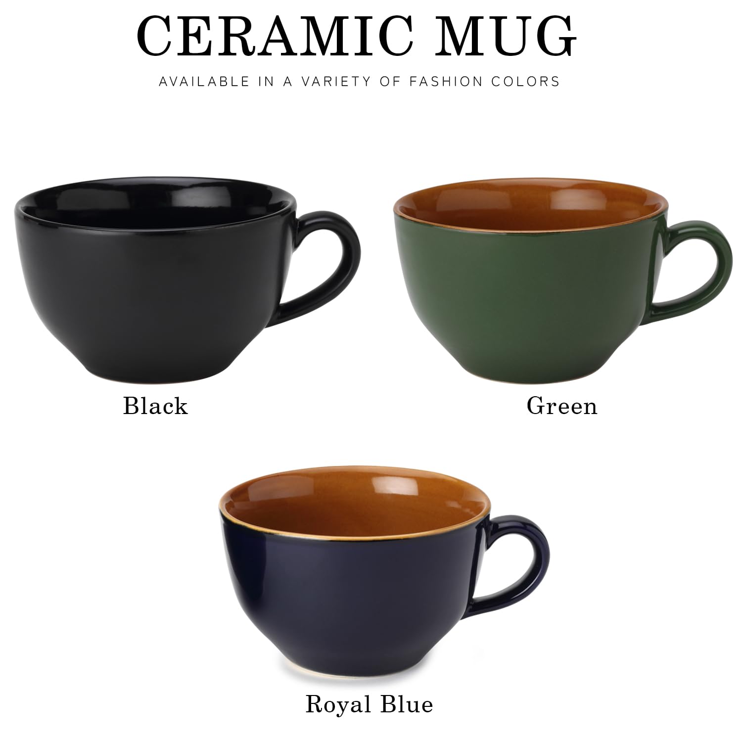 Ceramic Soup & Coffee Wide Large Mug With Handle - Set Of 1, 350ml, Royal Blue | Bone Ash Free & Microwave Safe - Cup For Maggi, Cappuccino, Latte, Green Tea - Glossy Finish