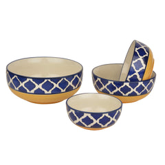 Studio Pottery Hand Painted Dinner Serving Bowl Set Of 4 - 1200ml, 650ml, 450ml & 250ml, Blue & Yellow | Dinner Serving Donga Set - Stackable Kitchen Bowl Set