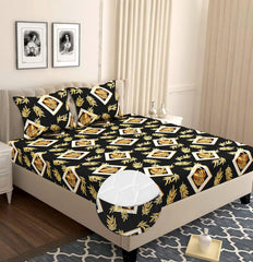 Cotton Elastic Fitted Bedsheets With 2 Pillow Covers Double Bed All Around Elastic Sheet Leaf Print | 72 X 78 +10 Inches, Black-Breathable & Skin-Friendly Bedsheet