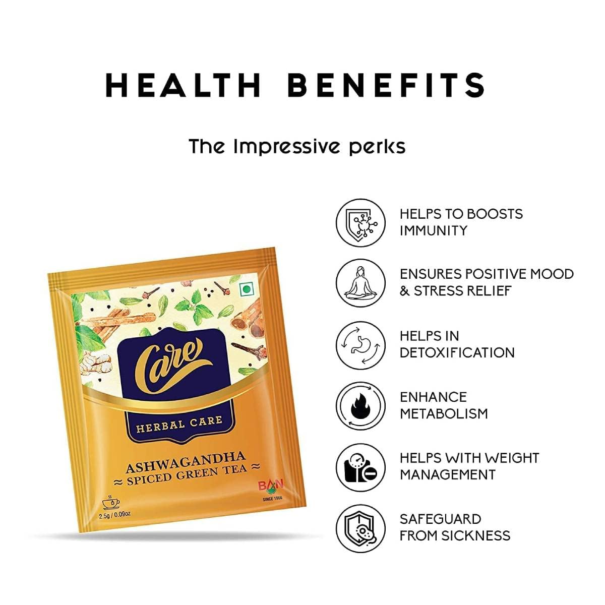 Care Ashwagandha Spiced Herbal Care Green Tea - 5 Packs X 25 Sachets | Organic Desi Kahwa With Tulsi, Ginger, Cinnamon - Ayurvedic Indian Kadha For Detoxification | Whole Loose Leaves Blend