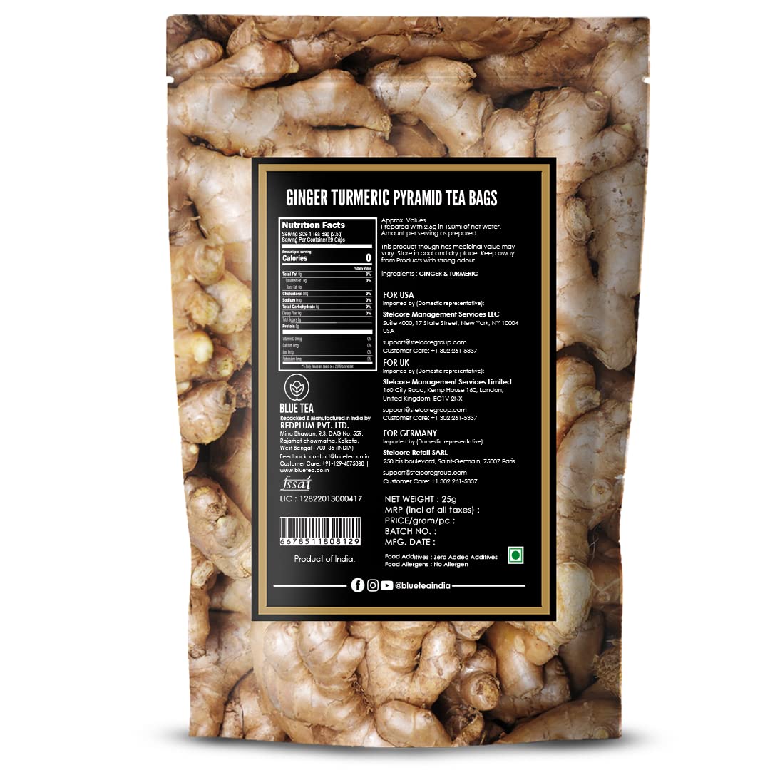 Blue Tea Caffeine Free Ginger Turmeric Herbal Tea - 10 Pyramid Tea Bags In Zipper Pack | Enhances Immune System - Gluten Free, Non-GMO