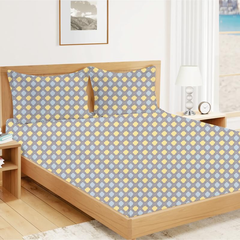 Polycotton Double Bedsheets With 2 Pillow Cover - 90 X 100 Inches, Grey & Yellow | Good Or Home, Hotel, Villa, Resort & Guest House | Wrinkle Free Luxury