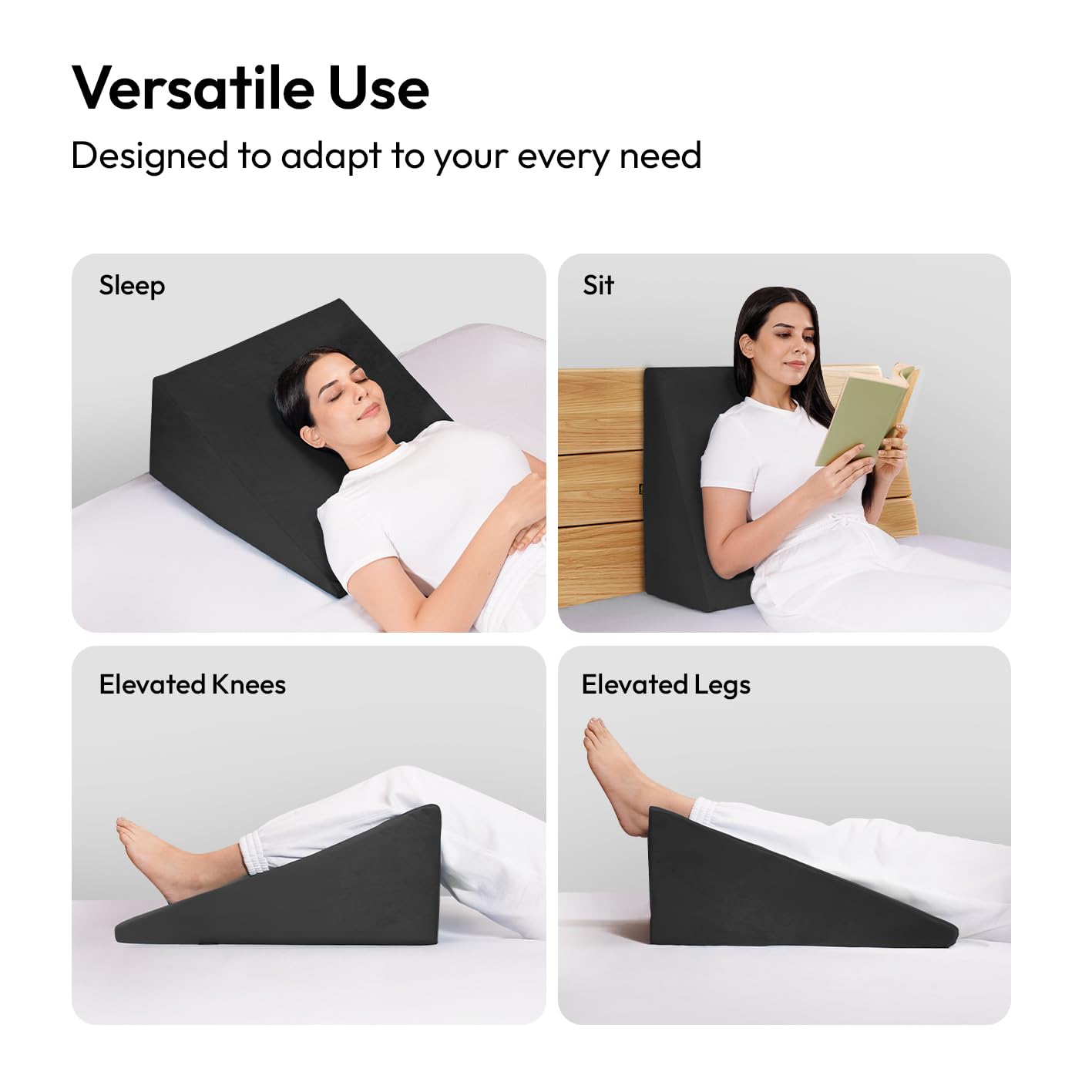 Wedge Plus Cushion For Sleeping, Memory Foam Pillow, Black | Acid Reflux Relief, High Resilience Foam | Orthopedic Wedge Cushion For Leg Elevator, Pregnancy, Breathable - Pack Of 1