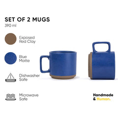 Large Ceramic Coffee Mug Set Of 2 - Blue, 350ml Each | Ceramic Japandi Mug, Tea Mug With Matte Finish - Mug For Coffee | Ceramic Coffee Mug - Microwave Safe & Dishwasher Safe