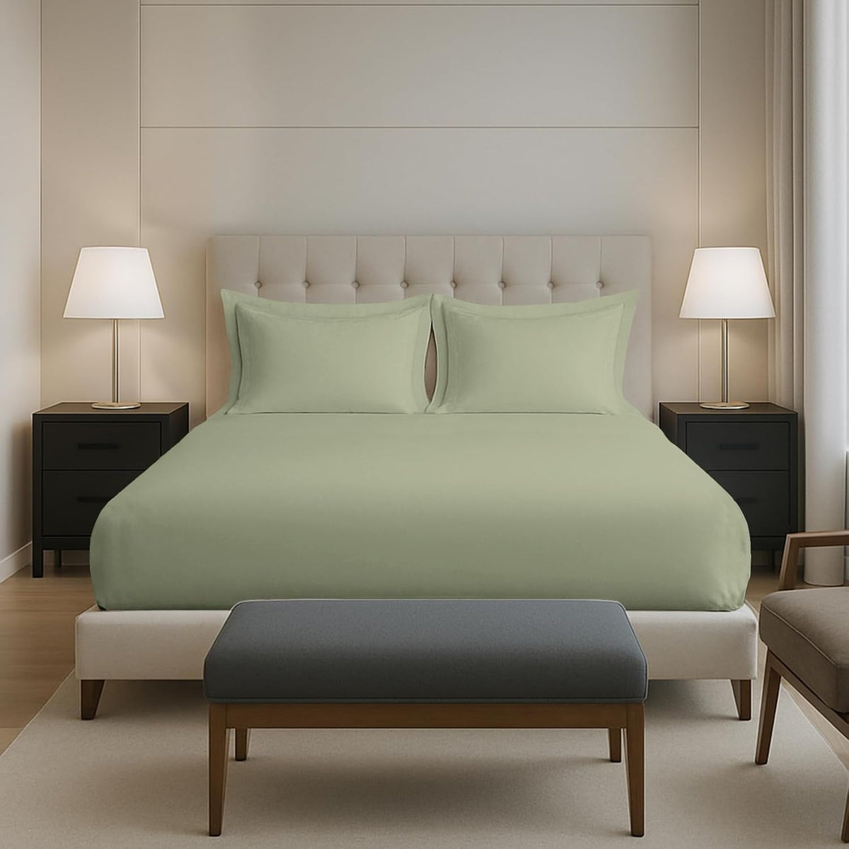Plain Cotton Elastic Fitted Bedsheets Queen Size Two Pillow Cover - 63 X 78 Inches, Sage Green | Breathable & Smooth Bedding Wrinkles | Elegant Hotel Like Look