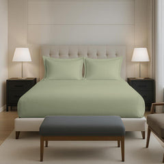 Plain Cotton Elastic Fitted Bedsheets Queen Size Two Pillow Cover - 63 X 78 Inches, Sage Green | Breathable & Smooth Bedding Wrinkles | Elegant Hotel Like Look