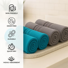 Akiko Home 100% Cotton Essential Series Face Towel 600 Gsm | Soft Absorbent & Durable Washcloth For Men & Women, Compact Travel Towel -Pack Of 4 (Teal & Grey)