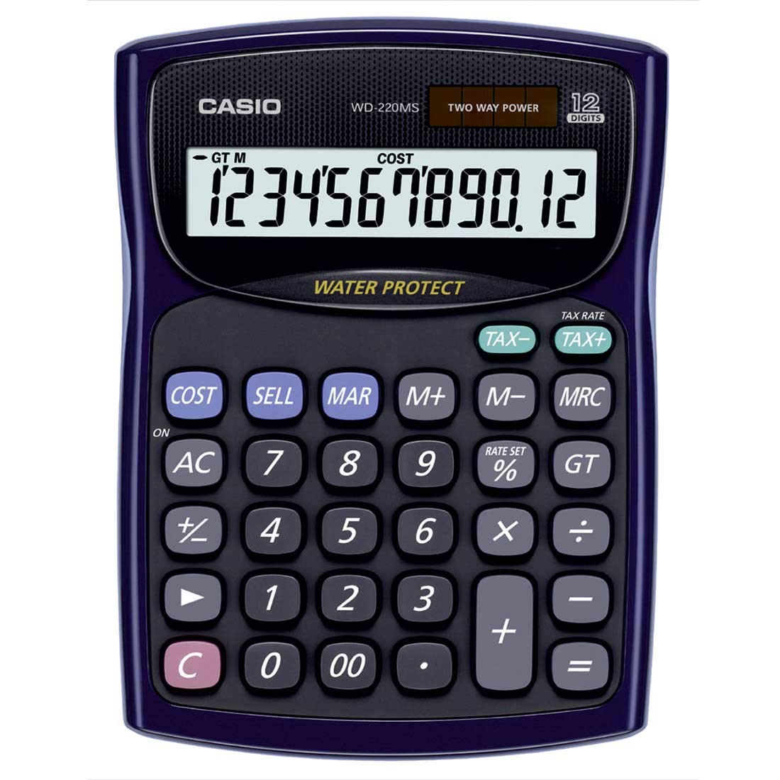 Casio Wd-220MS-BU Desktop Calculator - Water Protected And Dust Proof Standard Calculator | 12 Digits, 2-way Powered