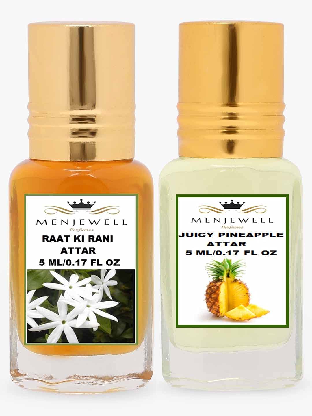 Menjewell Raat Ki Rani + Juicy Pineapple Attar Perfume 2x 0.17 Fl.oz. Pack Of 2 | Unisex Fragrance | Long Lasting