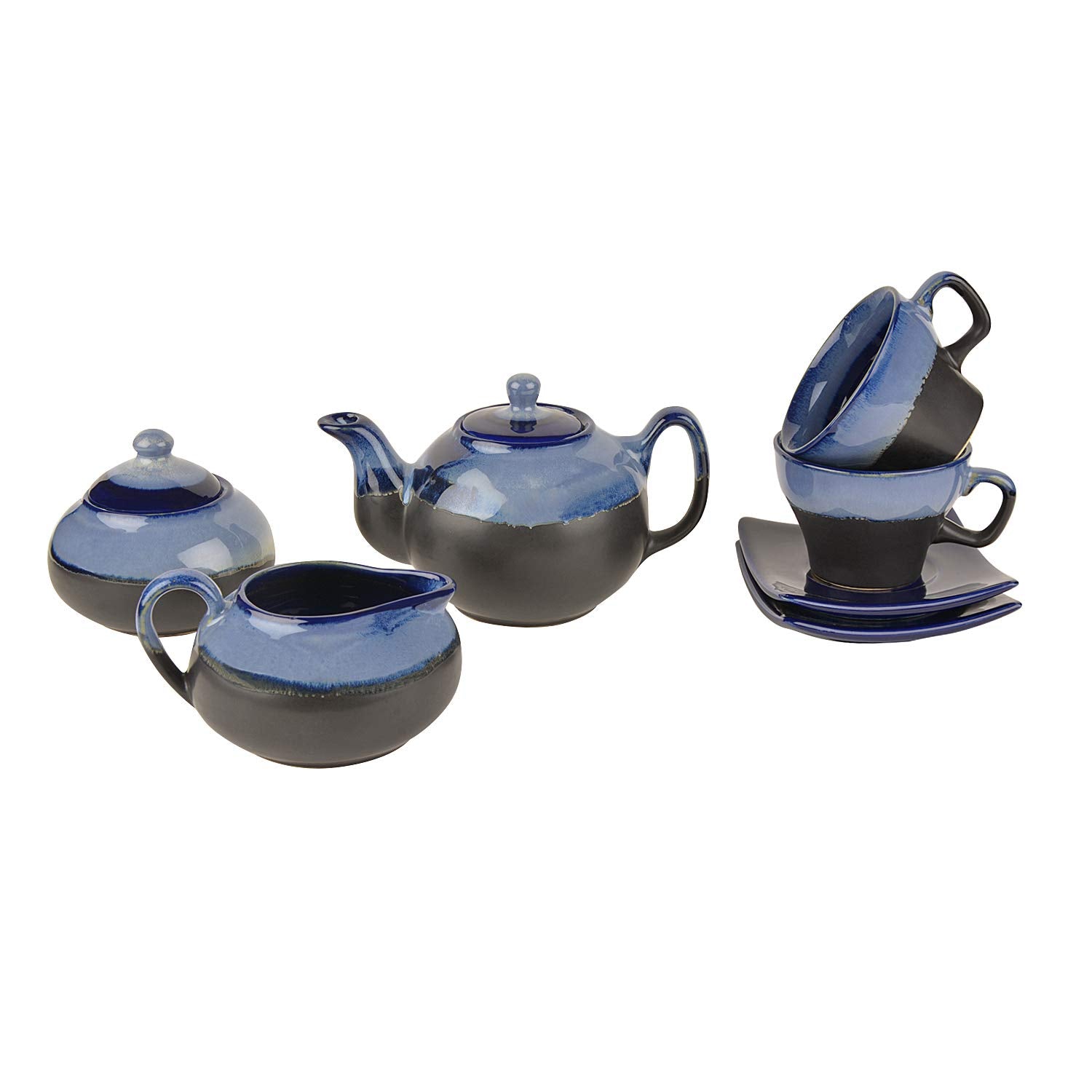 Hand Glazed Dual Tone Ceramic 7 Pieces Morning Set - 1 Tea Pot + 1 Milk Pot + 1 Sugar Pot + 2 Cups With 2 Saucer, Black & Blue