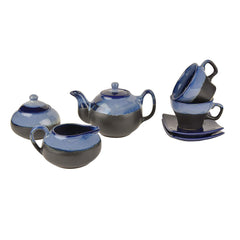 Hand Glazed Dual Tone Ceramic 7 Pieces Morning Set - 1 Tea Pot + 1 Milk Pot + 1 Sugar Pot + 2 Cups With 2 Saucer, Black & Blue
