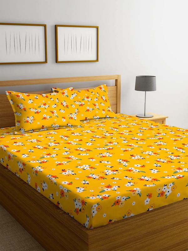 Premium Cotton Elastic Fitted Bedsheets With 2 King Size Pillow Covers - 72 X 78 + 10 Inches, Yellow & Red | Super Soft Brushed Glace | Breathable & Wrinkle Free