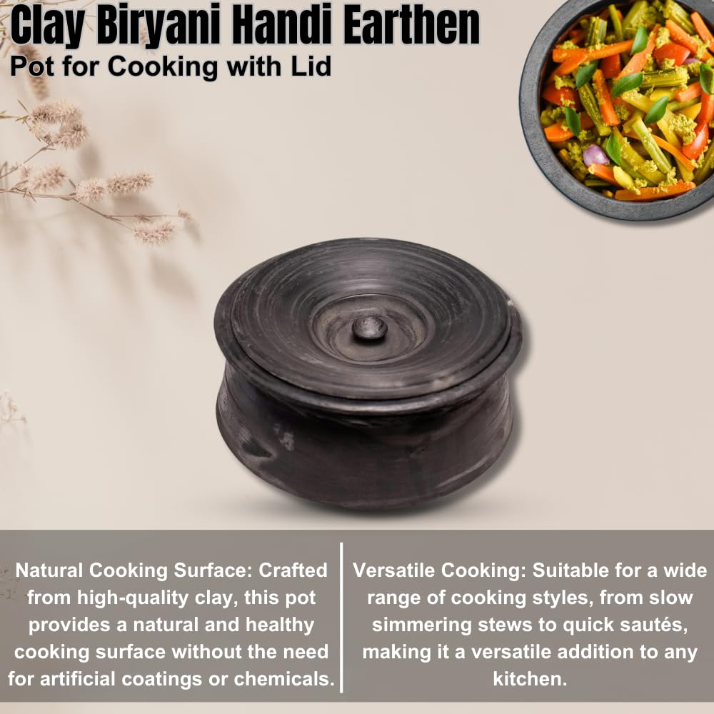 Exclusive Range Unglazed Earthen Clay Pot With Lid | Biryani Handi - Clay Kadai With Natural Firing Shade & Mirror Shine 2 Liters, Black