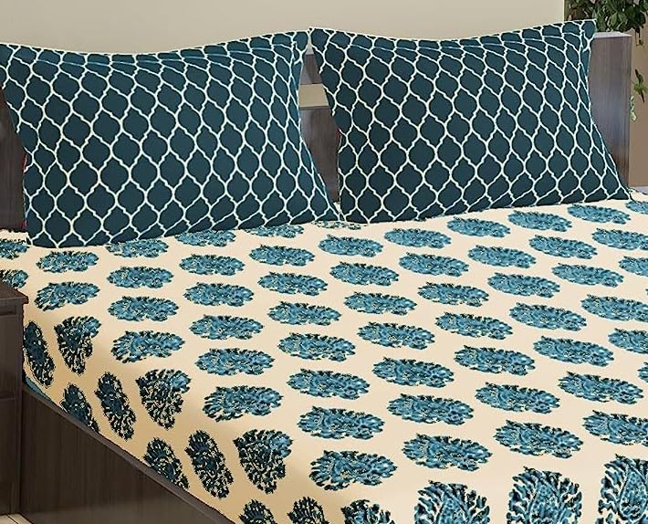 Premium 100% Cotton Queen Size Bedsheet With 2 Pillow Covers - 86 X 104 Inches, Deep Sea Green & Cream | 180 Thread Count Ultra Soft | Ideal For House, Guest Home, Hotel