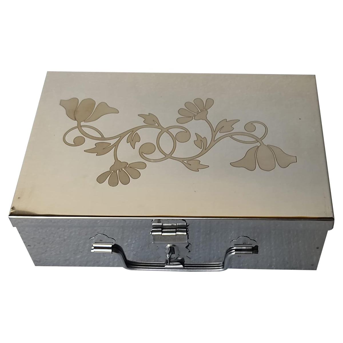 Stainless Steel Storage Boxes, Cash Peti, Pooja Peti, Organizer, Vanity Box, Safe Locker Box- 9 Inch Storage Box, W-23 Cm, H-7.5 Cm, L-15.5 Cm. Cash Box With Laser Print Design, Medium