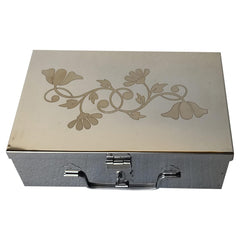 Stainless Steel Storage Boxes, Cash Peti, Pooja Peti, Organizer, Vanity Box, Safe Locker Box- 9 Inch Storage Box, W-23 Cm, H-7.5 Cm, L-15.5 Cm. Cash Box With Laser Print Design, Medium