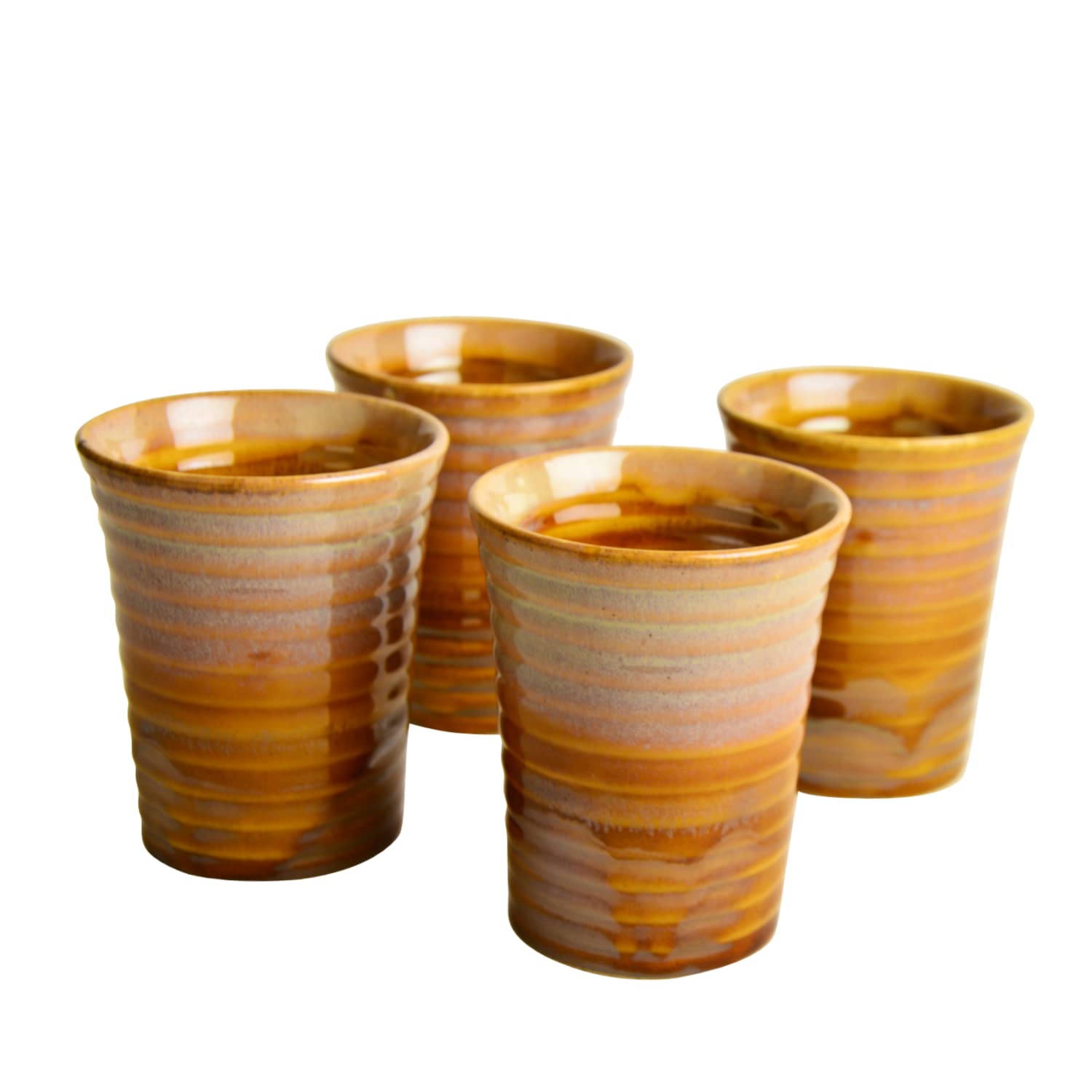 Studio Pottery Hand Glazed Dual Tone Ceramic Glasses Set Of 4 - Mustard, 300ml Each | Milk & Water Glasses