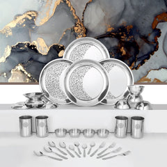 Designer Stainless Steel Delight Laser Bloom Leaf Dinner Set Of 32 Pieces | 4 Dinner Plates+ 4 Glasses+ 4 Bowls+ 4 Chutney Bowls+ 4 Pudding Bowls+ 4 Dessert Spoons+ 4 Dessert Fork+ 4 Tea Spoons