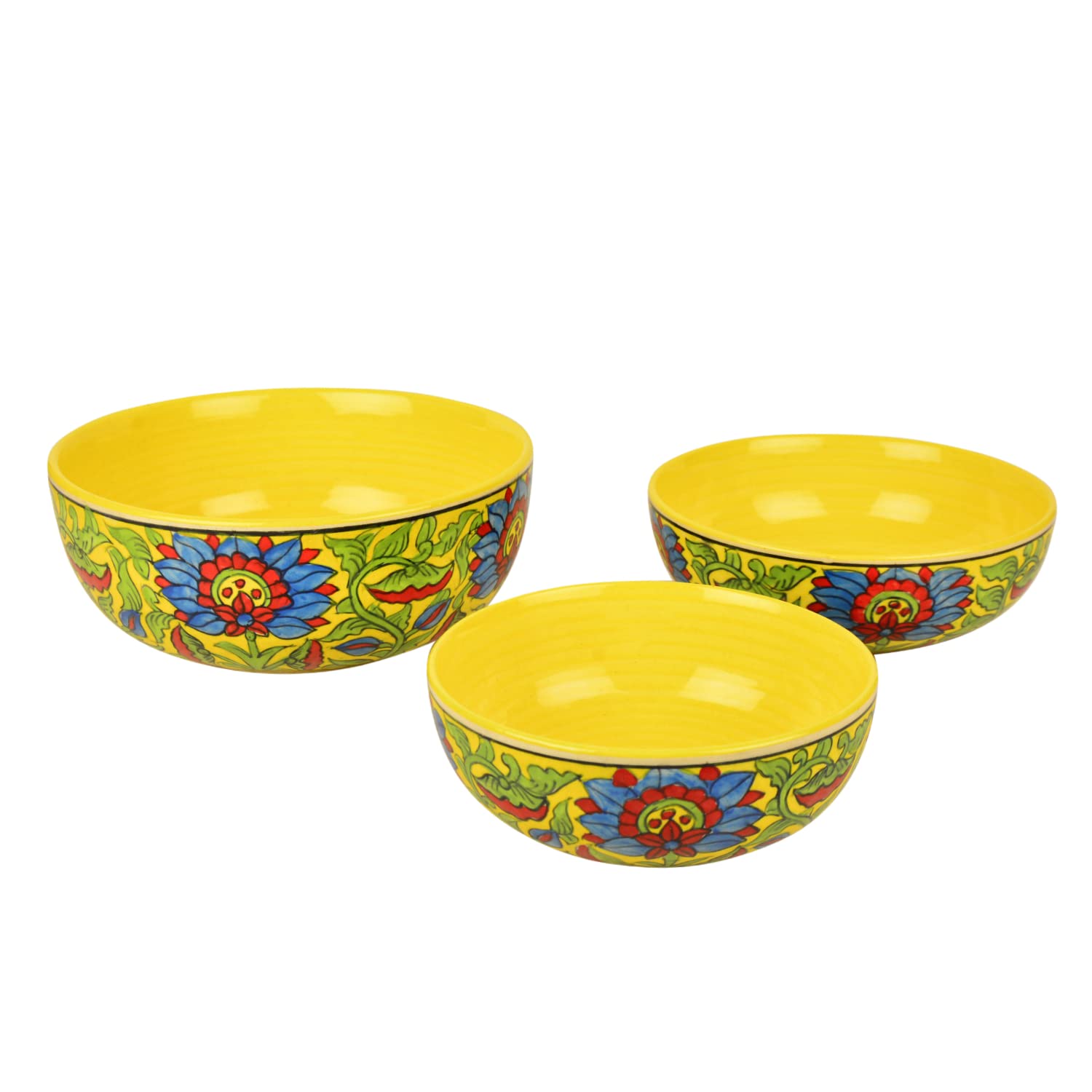 Hand Painted Ceramic Dinner Big Serving Bowls Set Of 3 - Yellow & Multicolor, 1200ml, 1000ml & 800ml | Stackable Kitchen Bowls Set - Mixing Bowls Set