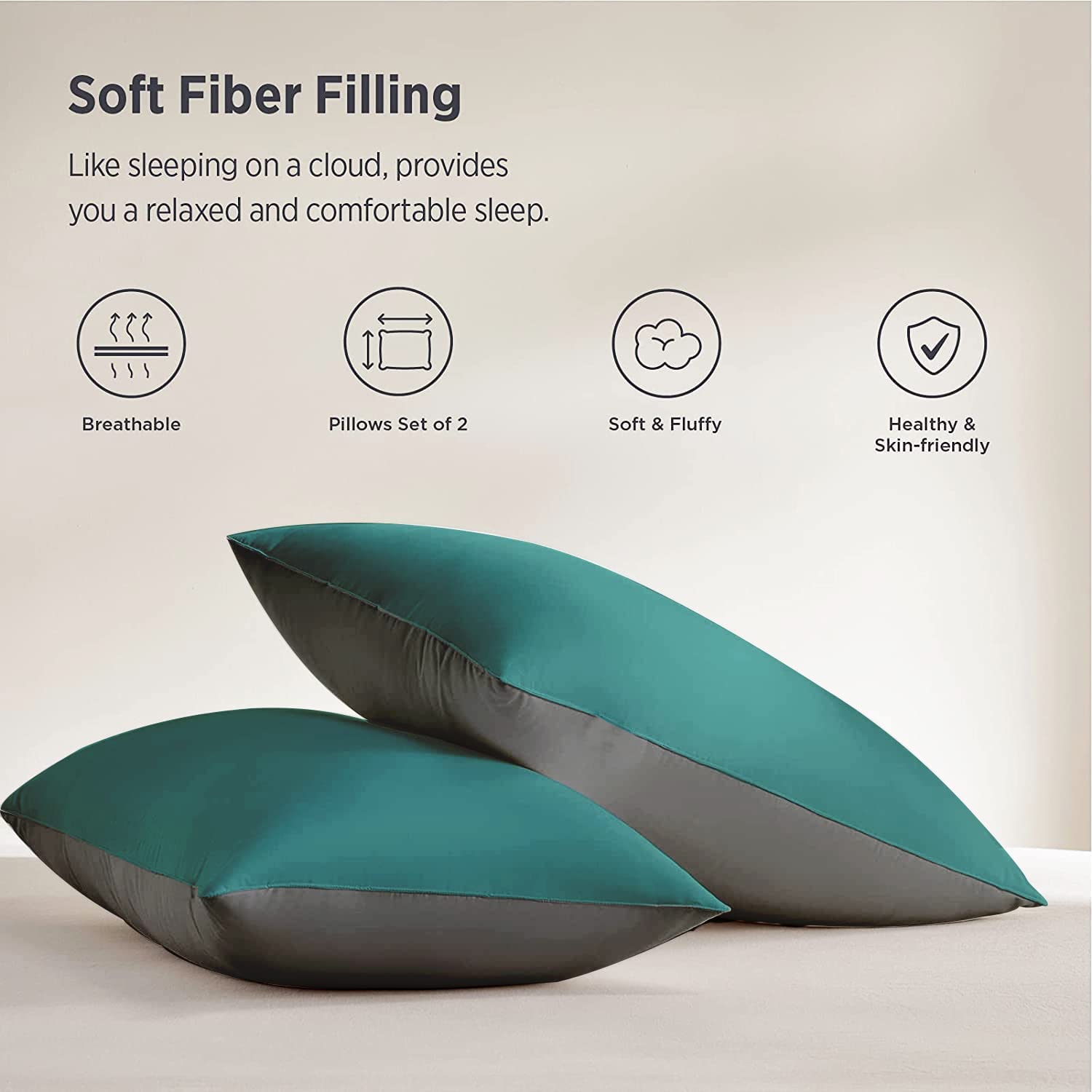 Premium Microfiber Soft Pillow For Sleeping, Teal-Grey, Standard Size - 16 X 24 Inches | Comfy Hotel Comfort Pillow, Vacuum Packed | Bed Pillow, Hypoallergenic, Lightweight - Set Of 2