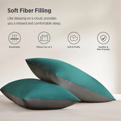 Premium Microfiber Soft Pillow For Sleeping, Teal-Grey, Standard Size - 16 X 24 Inches | Comfy Hotel Comfort Pillow, Vacuum Packed | Bed Pillow, Hypoallergenic, Lightweight - Set Of 2