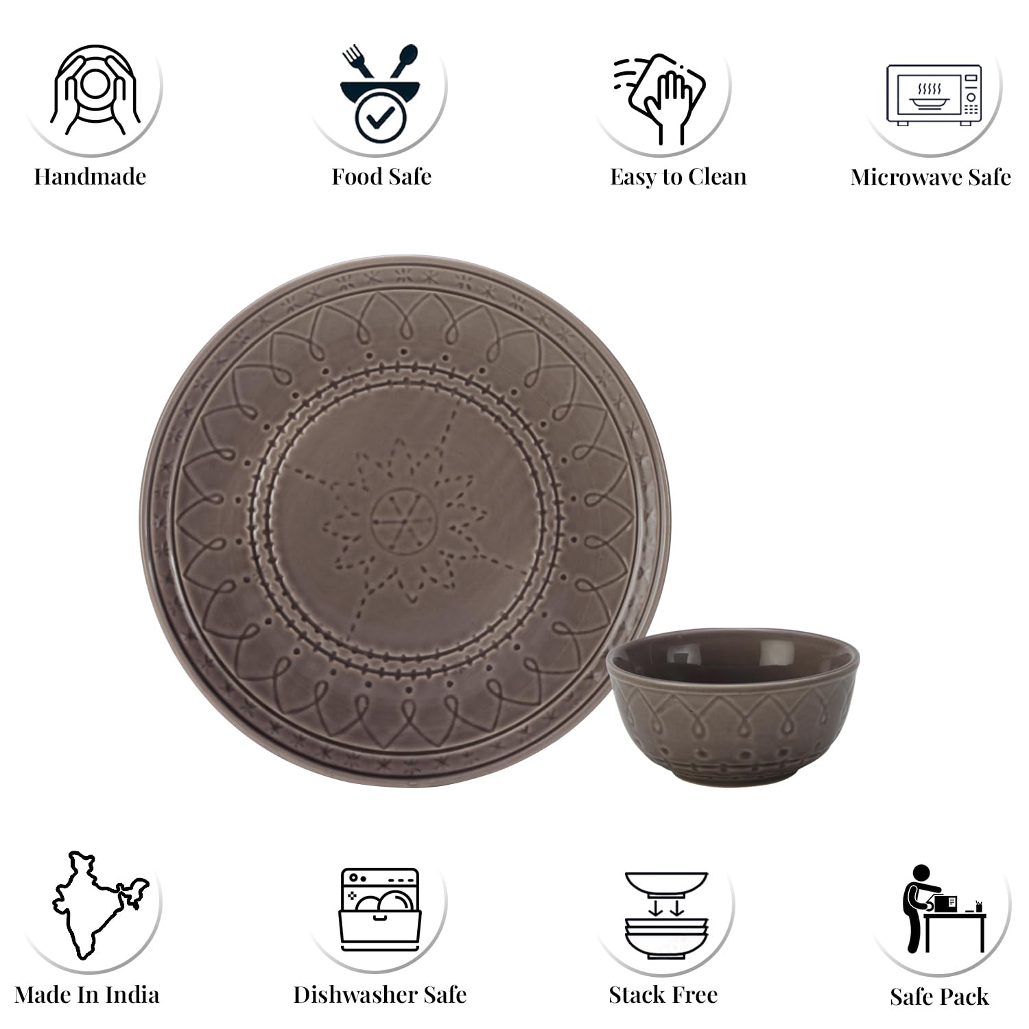 Handcrafted Stoneware Embossed Ceramic Dinner Set Of 4 Pcs - Ash Grey | 2 Dinner Plates + 2 Small Dinner Bowls, 180ml Each - Microwave & Dishwasher Safe