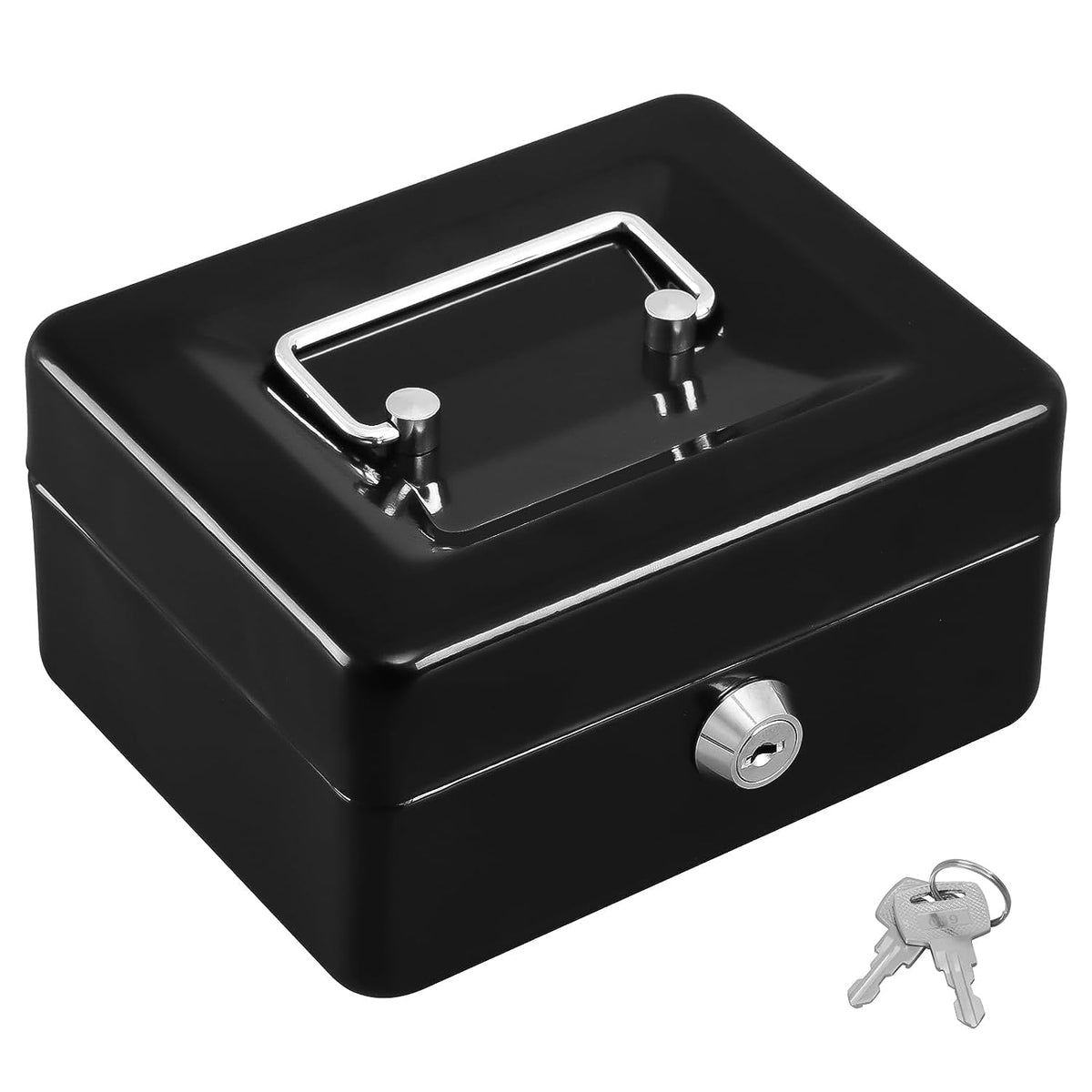 Portable Locking 6 Inch Small Cash Box For Money Coin, Colour - Black , Material - Metal, 18D X 15W X 8H
