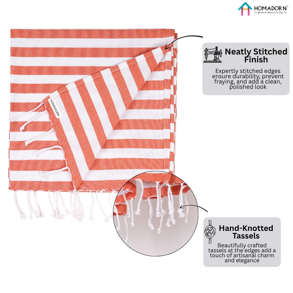 Homadorn 100% Cotton Striped Fouta Bath Towels 1400 Gsm | Soft Quick Dry & Absorbent Hand-Knotted Tassels | Turkish Hamam Towel (Orange - White)- Pack Of 4