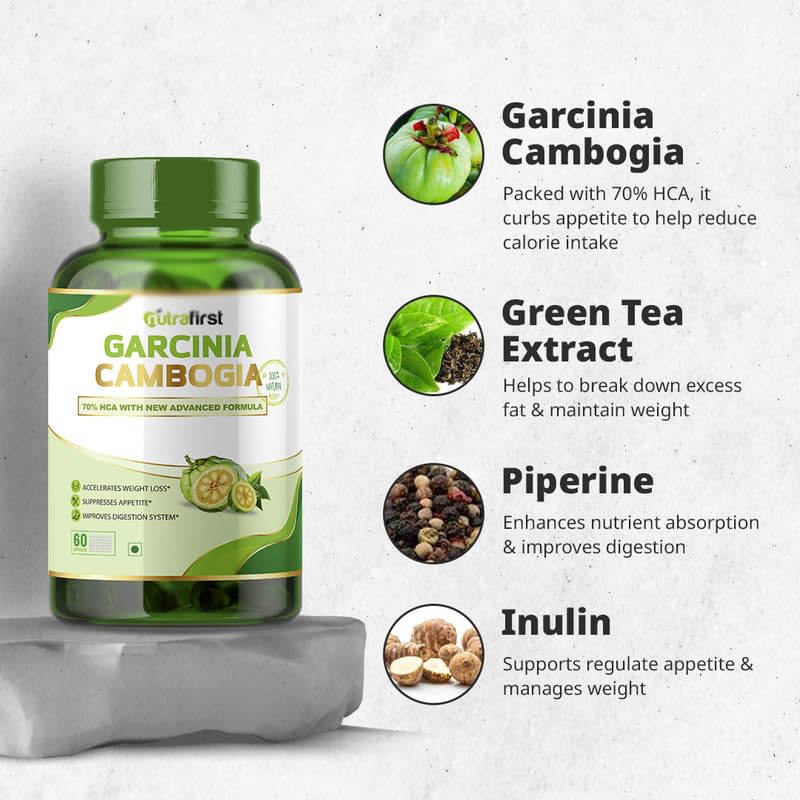 Nutrafirst Garcinia Cambogia Tablets 800mg With 70% Hca & Green Tea Extract, For Weight Management, Improves Digestion For Men & Women | 60 Tablets 100gm 0.2lbs Each Pack Of 2