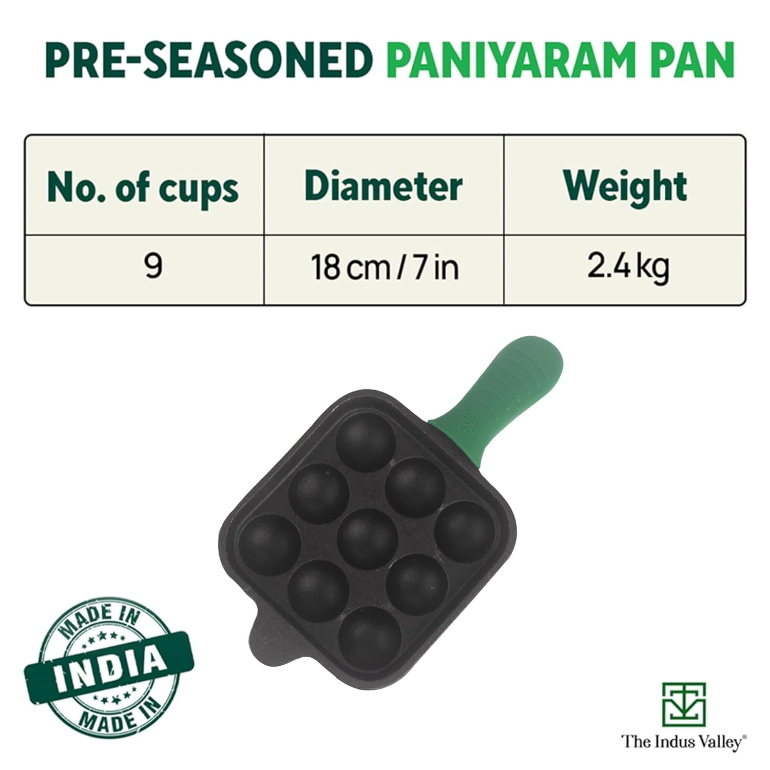 Super Smooth Black Cast Iron Square Paniyaram Pan With Silicon Grip - Small, 9 Pits, 18cm, 7.1 Inch, 2.4 Kg | Nonstick, Pre-Seasoned Appe Or Paddu Pan,100% Pure & Toxin-Free, No Chemical Coating