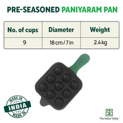 Super Smooth Black Cast Iron Square Paniyaram Pan With Silicon Grip - Small, 9 Pits, 18cm, 7.1 Inch, 2.4 Kg | Nonstick, Pre-Seasoned Appe Or Paddu Pan,100% Pure & Toxin-Free, No Chemical Coating