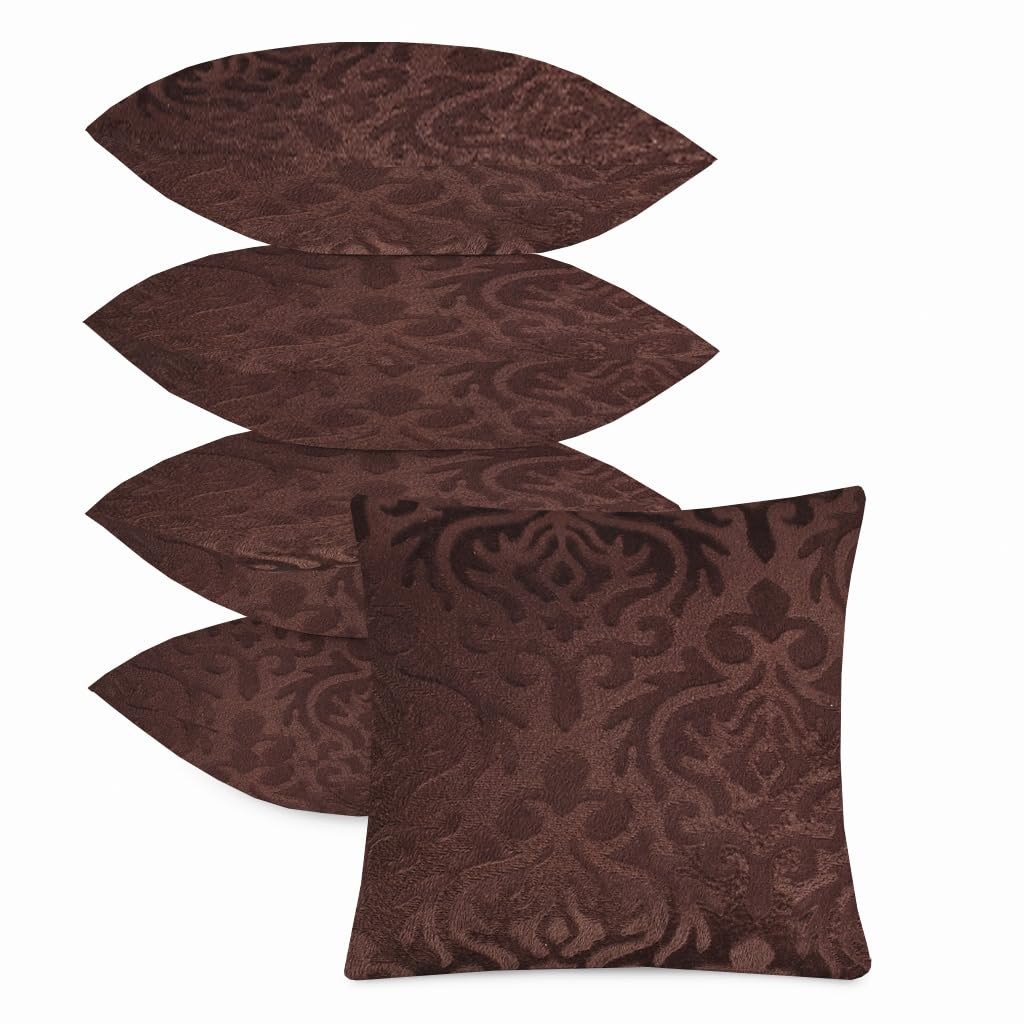 Microfiber Square Pillow Cushion For Sofa & Bed, Coffee - 24 X 24 Inch | Soft, Fluffy For Comfort & Back Support | Breathable, Washable | Premium Velvet Outer Cover With Zip - Set Of 5