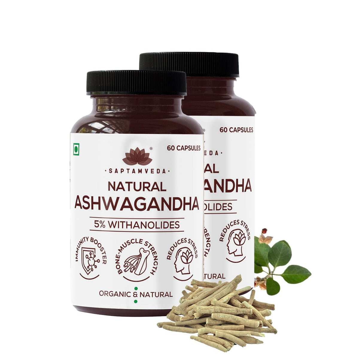 Saptamveda Natural Ashwagandha 100% Organic & Natural | 60 Capsules 100gm 0.2lbs