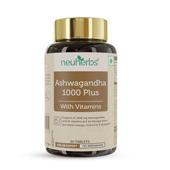 Neuherbs Ashwagandha 1000 Plus Manage Anxiety & Stress Relief Enhanced Absorption & Antioxidants Rich With Vitamin E & B - Complex , Immunity Booster & Improve Vigour | 60 Tablets 100gm 0.2lbs