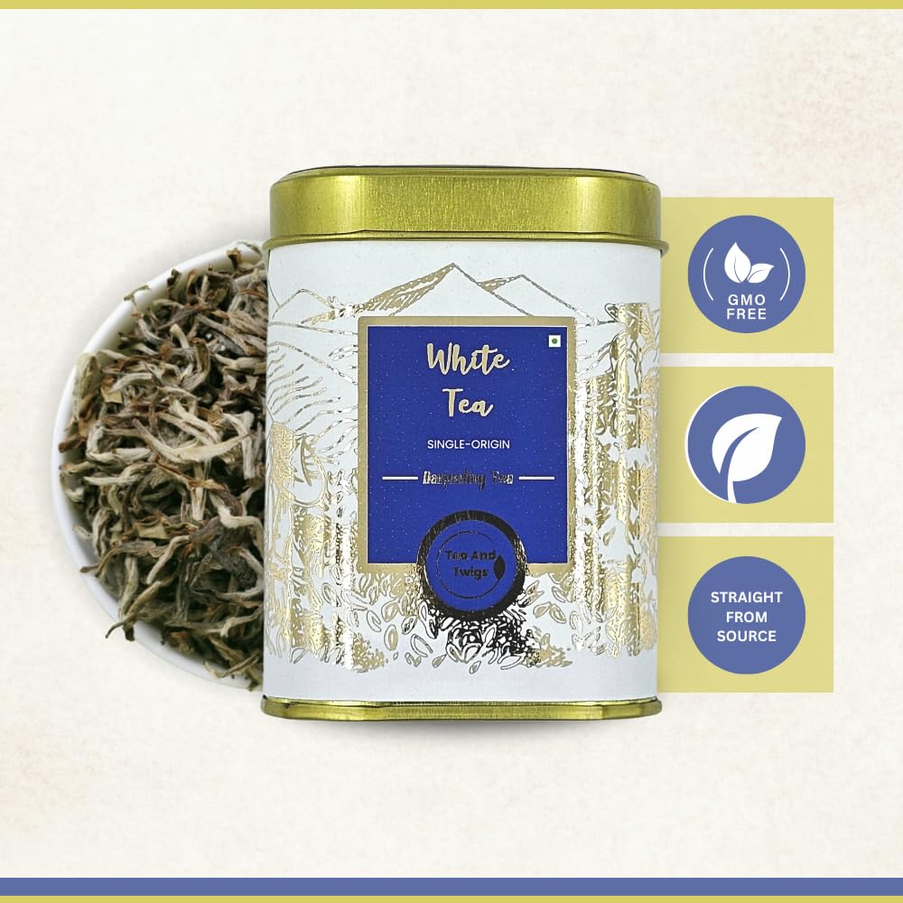 Tea And Twigs Darjeeling White Tea - 30gm, 1.05 Ounce | Rich In Antioxidants, Refreshing Flavor Silver Needles Tea - Low Caffeine, No Artificial Colors, Gluten Free