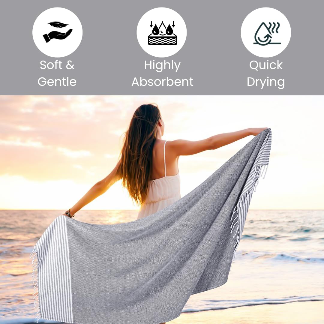 Destin Home Turkish Peshtemal Beach Towels 2 Kg | Cotton Soft, Lightweight, Quick-Drying & Absorbent For Beach Pool Spa Picnic Travel (Charcoal Grey)- Set Of 6
