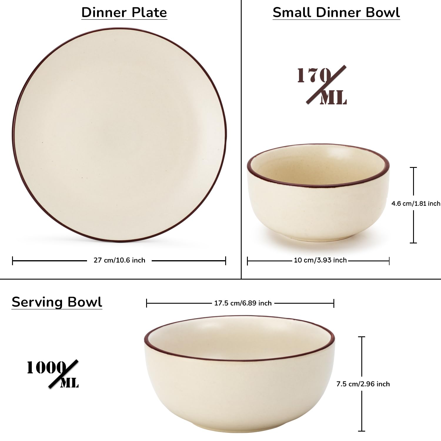 Handcrafted Ceramic Stoneware Dinner Set Of 10 Pcs With Serving Bowl Set - Off White | 4 Dinner Plates, 10.6 Inch Each + 4 Small Dinner Bowl, 170ml Each+ 2 Serving Bowl, 1000ml Each