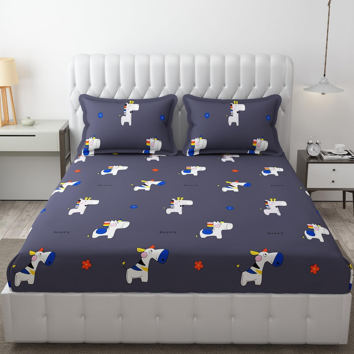 Wrinkle Free Soft Kids Double Bedsheets For King Size With 2 Pillow Cover | 90 X 95 Inches, Grey | Cartoon Printed Design | Child Bedroom Decor